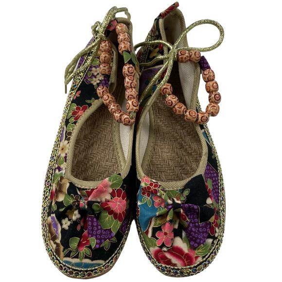 Rosy Multicolor Floral Print Ankle Beads Ballet Flats 10 - Picture 2 of 6